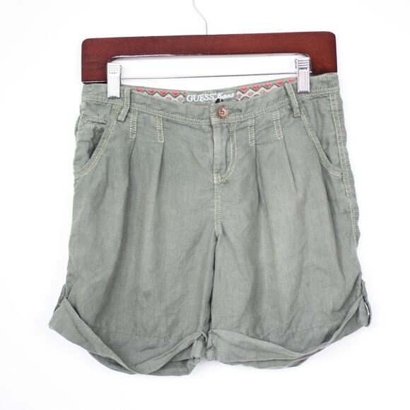 Y2K Guess Jeans Shorts Women's Size 23 Olive Green Linen - Picture 1 of 6